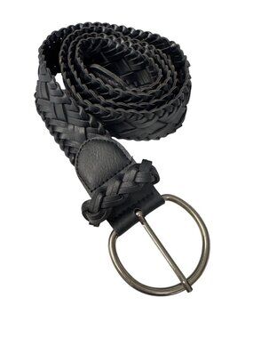 Braided Black Faux Leather Belt With Silver Buckle - 46 Inches Long
